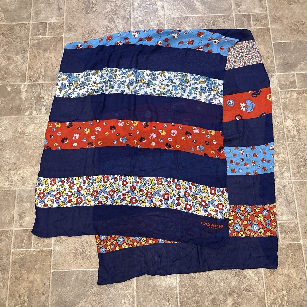 Coach New York Long Floral Patchwork Oversized Scarf Navy Red Boho Americana